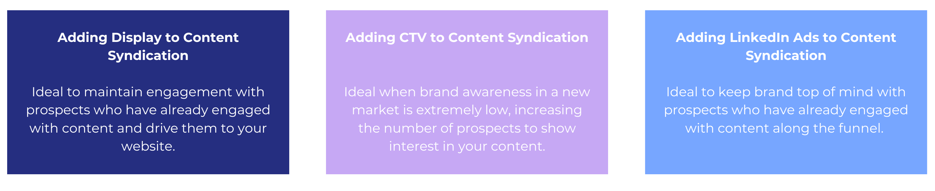 Whether it’s your first product, an additional feature for your existing product, or a new product vertical, you need to know how to introduce it to your target audience.   Your target audience may have familiarity with your brand or none at all. Even if brand visibility is high, your audience may not even realize you offer a solution that fulfils their needs. And while brand awareness initiatives require heavy resource investment, it’s worth it: Forrester’s 2023 Business Trust Survey notes that over three-fourths of surveyed decision-makers factor in brand awareness when it comes to trusting an organization. Being a brand that buyers trust and are familiar with speeds up the sales cycle—and even if buyers aren’t currently in-market, strong brand presence makes it more likely for them to look you up when they’re ready to explore new or emerging solutions.   Once you have your buyers’ attention, you need to keep it and urge them to move through your sales funnel. But the buyer’s journey isn’t linear. Buyers are human, after all, and can get swept away from exploring your solution due to shifts in priorities and market & industry conditions. Yet with account-based marketing (ABM), using a multi-channel approach and strong nurture strategy, you can build a strong foundation for a journey that is personalized and has buyers’ priorities and interests front and center. Here’s how.  Why an ABM Approach Benefits Your Product Marketing Throughout the Sales Funnel  The journey from awareness to decision often involves multiple touchpoints and buying committee members progress through the funnel at different speeds. An always-on ABM program is critical to keeping your ABM content and messaging in front of your prospects.  As much as marketers try to map the buyer’s journey and nurture paths out, there are people behind those buying decisions. While ideal customer profiles (ICPs) and target account lists can provide insight into the organizations, accounts, and buyer personas to expect on the buying committee, it’s human nature to be unpredictable and frequently change our minds. It’s up to marketing and the sales team to align on and determine what buyer behaviors and actions indicate a shift from brand building to readiness for content that drives demand. An always-on, multi-channel ABM strategy makes sure that you surround potential customers with content that delivers the right message exactly where they are and when they need it to continue engagement and drive urgency toward product demand.  How to Choose Your Media Mix Based on the 3 Buying Stages  In a new market entry campaign, every stage of the sales funnel benefits from brand awareness initiatives. You need to look at your marketing media mix to determine how your content aligns with each channel, and how your new market entry campaign can most likely benefit from a multi-channel approach.  Potential customers and later-stage decision-makers (such as C-suite executives) can forget your brand in an overly saturated market, or not know your brand exists within that product vertical at all. You need to build brand awareness into every stage of the buying journey, as these decision-makers will most likely not be as familiar with your offerings but are being introduced to your product by the end-users in the buying committee who would use your product every day.  According to Gartner, there are, on average, 14-23 members in a buying group. Focusing brand awareness initiatives on accounts through all your channels is key to strengthening your brand visibility across all the decision-makers. Here’s how you can approach brand building and demand generation across the sales funnel.  Brand Building in the Awareness Stage  Brand building at the awareness stage focuses on information and education. Your target audience needs to identify that they have problems that need solutions. Your channel and content distribution strategy should focus on targeted outreach that encourages buyer engagement with top-of-funnel collateral and sets buyers up to enthusiastically move deeper into the funnel with the same or more enthusiastic level of interest.  White papers, analyst reports, and eBooks are perfect assets to share through content syndication, which expands your reach beyond your website or social platforms. Active buyers want information on market conditions, industry trends, and solutions to their challenges.   Yet to remain truly top of mind, you need to utilize other channels to ensure you surround your buyers with your messaging wherever you are. Programs combining content syndication with display advertising, for example, improve conversion rates 2.6x compared to content syndication running alone. Accounts converting with content syndication and connected TV (CTV)—which is a prime brand awareness channel due to 80% of U.S. viewers using at least one streaming TV service overall—shows a 2x increase in awareness and research, as opposed to accounts targeted without CTV.